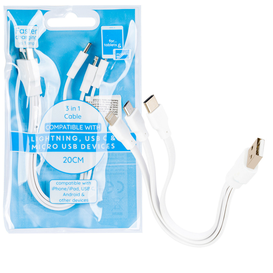 Przewód multi USB 20 cm 3w1 - USB typ C / microUSB / Lightning